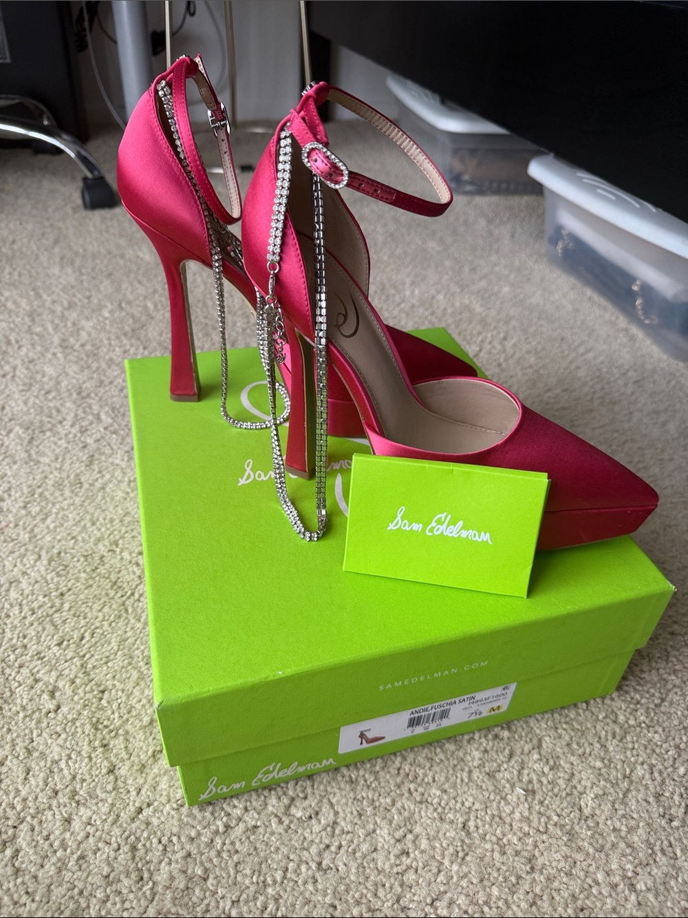 Sam Edelman Hot Pink Satin Ankle-Strap Pointed-Toe Heels with Rhinestone Chain